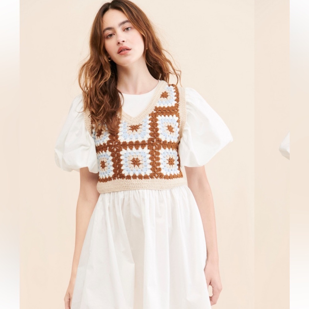 En Saison Womans Evie Mixed Media Mini Dress large Crocket Puff Sleeves